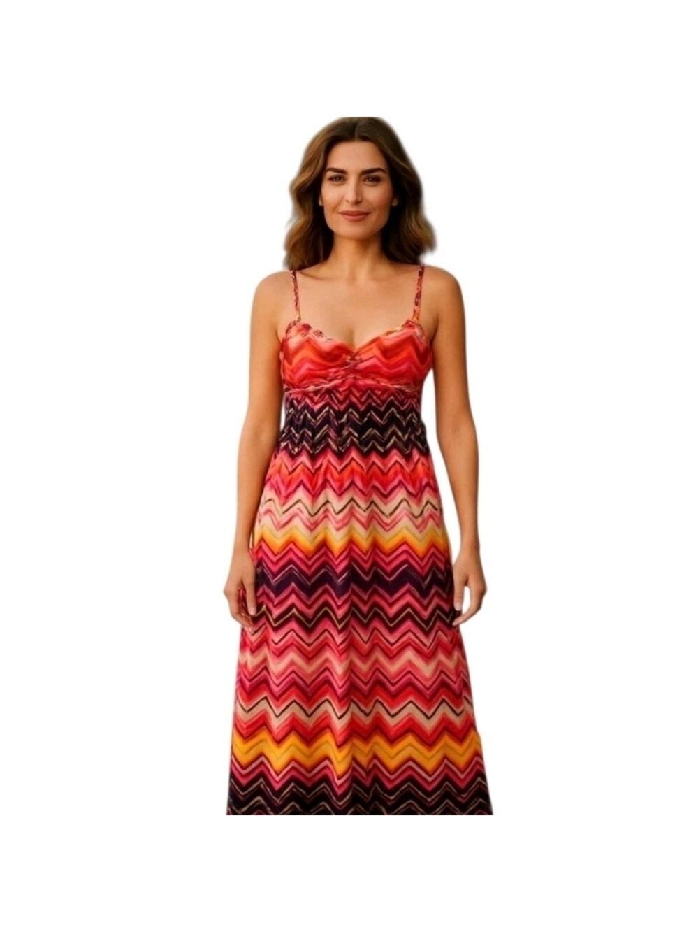 BISOU Bisou Zig Zag Lined Pullover Multi-Color Braided Straps Maxi Dress Size 8